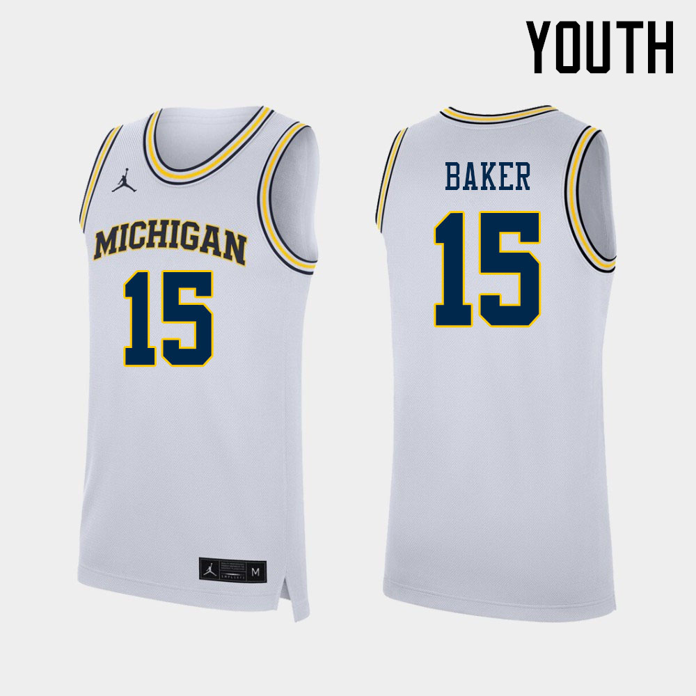 Youth #15 Joey Baker Michigan Wolverines College Basketball Jerseys Sale-White